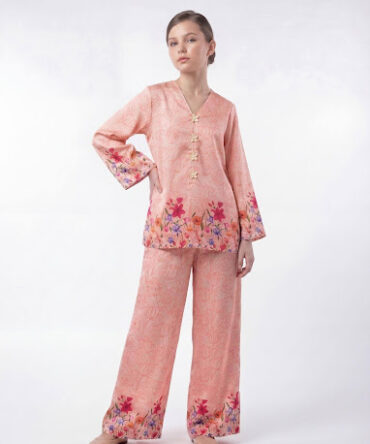Girls Floral Printed 2-Piece Outfit Set – Peach Long Sleeve Top with Wide Leg Pants | Kids Casual & Party Wear