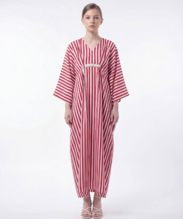 Elegant White & Red Striped Kaftan Dress for Girls – Maxi & Comfortable Wear (6–16 Years)